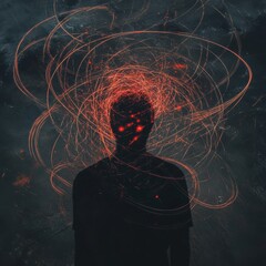 Aufkleber - Person surrounded by swirling lines and abstract shapes representing thoughts and emotions in a dark environment. Generative AI