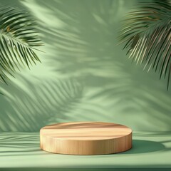 Wall Mural - Serene Minimalist Wooden Display Platform with Tropical Palm Leaf Shadows on Green Background