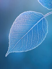 Leinwandbilder - Frost-covered leaf exhibits stunning details against a soft blue background during a chilly morning in autumn