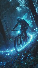 Wall Mural - Night Flight A Cyclist With Wings Rides Through A Forest