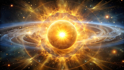 Wall Mural - Golden Sun with Energy Waves in Cosmic Space. Perfect for: Solstice Celebrations, Visionary Art Exhibits, Energy Healing Sessions