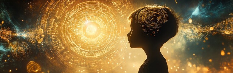 Poster - Visual representation of a glowing child surrounded by an ethereal atmosphere and vibrant patterns