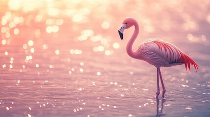 Wall Mural - A Pink Flamingo Stands in Calm Sunset Waters