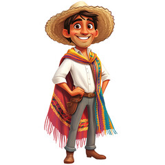 Wall Mural - A smiling male cartoon character in a traditional Mexican peasant outfit, with a white cotton shirt, colorful serape, and straw hat, standing against a white background