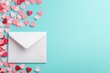 © Arfa_Media - White envelope with small hearts confetti on pastel blue background for Valentine's Day