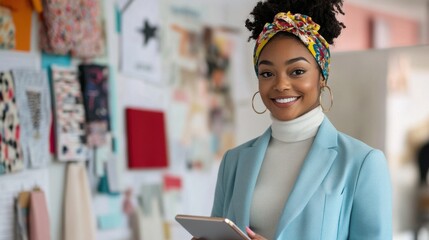 Poster - Professional young woman in vibrant attire engaging with a tablet in a creative workspace
