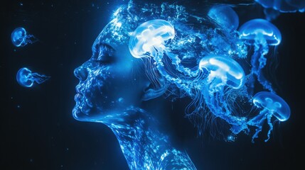 Aufkleber - Portrait of a young woman with glowing jellyfish around her in a mystical underwater setting
