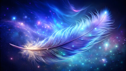 Wall Mural - Starlight Feather Floating in Cosmic Background. Perfect for: Spiritual Gatherings, Inspirational Art Displays, Meditation Workshops