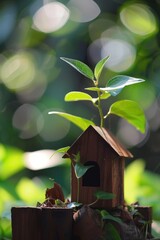 Sticker - Small wooden house with a plant growing out of it. The house is surrounded by green leaves and the plant is growing out of the roof. The scene has a peaceful and natural feel to it