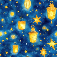 Fototapete - Colorful watercolor doodles featuring lanterns and stars on a deep blue background evoke a whimsical night sky