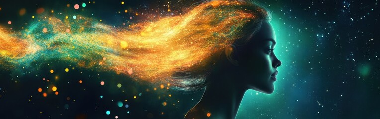 Poster - Mystical woman glowing in vibrant colors with cosmic hair and a starry background at night