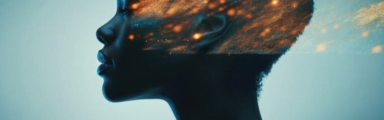 Poster - Mystical profile of a man illuminated by cosmic elements and ethereal sparks in a surreal setting