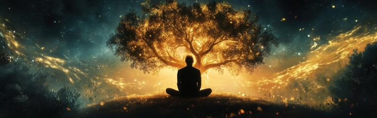 Poster - Mystical silhouette of a man meditating under a glowing tree in a vibrant cosmic landscape