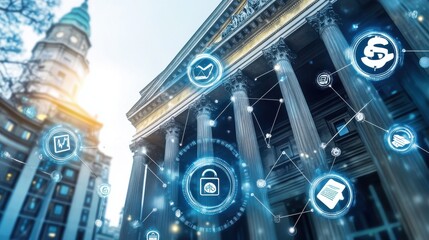 Leinwandbilder - Harmonious integration of fintech platforms at historic financial center during twilight