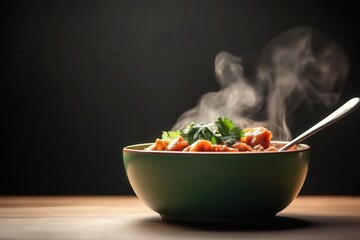 Wall Mural - Bowl of hot steaming soup with fresh herbs