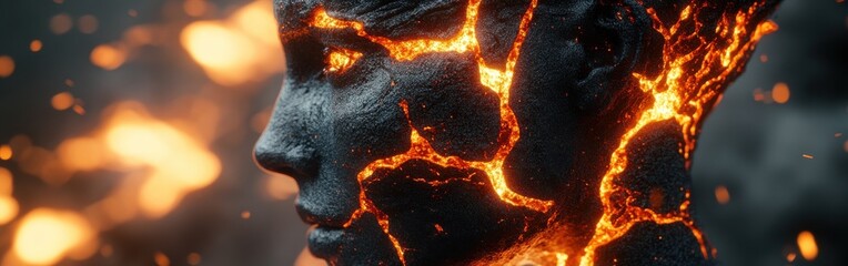 Aufkleber - Dynamic visualization of a face merging with flowing lava in an abstract art display