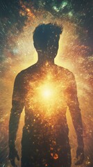 Poster - Man radiating cosmic energy in a vivid, mystical landscape, reflecting the essence of the universe