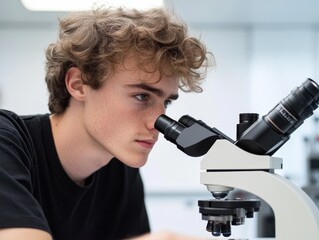 Fototapete - Young scientist examining samples through a microscope in a modern laboratory setting