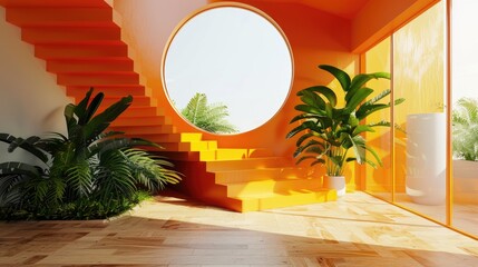 Wall Mural - Bright orange room with a spiral staircase and a large potted plant. The room is filled with natural light and has a tropical feel