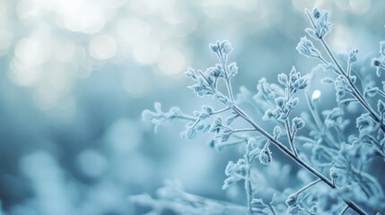 Fototapete - Frosted branches glimmer softly in winter's cool blue bokeh lights