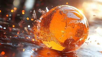 Wall Mural - Shattering Orange Glass Sphere Digital Art