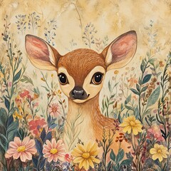 Wall Mural - A Watercolor Painting of a Fawn Among Wildflowers