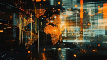 Leinwandbilder - Intricate double exposure of a glowing world map with digital data overlays highlighting global connectivity and technology trends