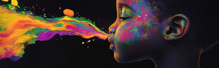 Leinwandbilder - Vibrant expression of a child's profile with colorful splashes illustrating imagination and creativity
