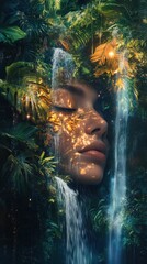 Aufkleber - Surreal composition of a woman's face intertwined with lush jungle elements and cascading waterfalls in dreamlike harmony