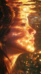 Aufkleber - Surreal representation of a glowing woman submerged in water during golden hour