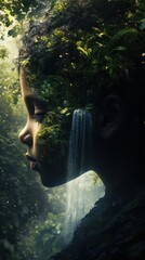 Aufkleber - Serene representation of a child's face intertwined with nature and a peaceful waterfall in a lush forest setting