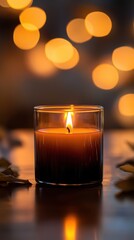 Aufkleber - Glowing candle illuminates a rich brown and amber bokeh background, creating a warm and inviting atmosphere in evening relaxation