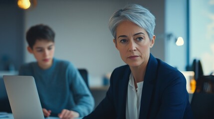 Wall Mural - Professional woman engages in important discussion with a young colleague in a modern office setting during the day