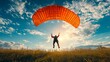 © Oscar - Skydiver landing gracefully with parachute open, feet touching down on a grassy field,