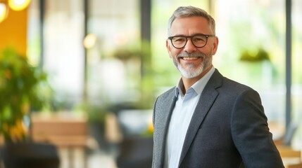 Leinwandbilder - Professional man smiling in a modern corporate setting with natural lighting during daytime work hours