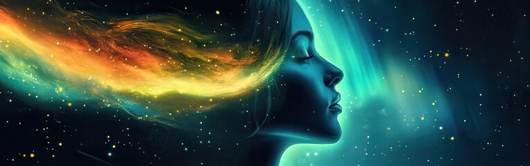Poster - Mystical visualization of a woman's face blending with cosmic elements in a vibrant night sky