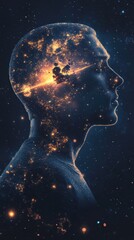 Poster - Mystical visualization of a man's profile with cosmic elements and glowing stars in a deep, dark space background