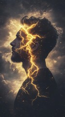 Poster - Mystical silhouette of a man illuminated by lightning in a stormy atmosphere during twilight