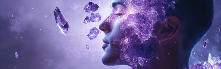 Aufkleber - Mystical profile of a man filled with vibrant purple crystals and cosmic energy