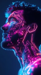 Poster - Mystical man's profile illuminated with vibrant circuit patterns and neon colors in a dark setting