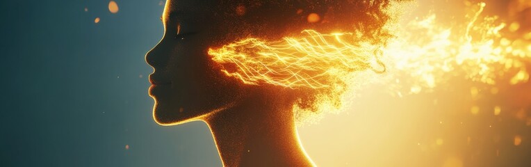 Aufkleber - Woman radiates a glowing aura in a surreal visualization against a dark background