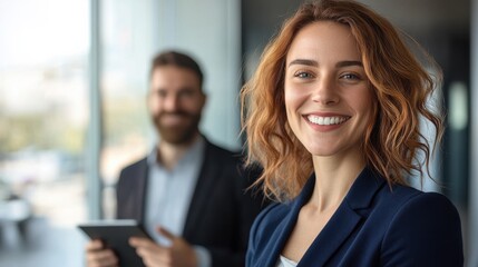 Aufkleber - Contemporary office interaction showcasing a confident woman smiling while a colleague observes in the background