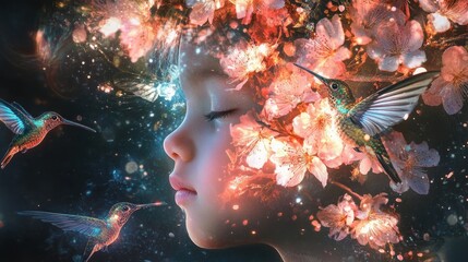 Aufkleber - Conceptual representation of a child's face surrounded by vibrant flowers and hummingbirds in a dreamlike setting