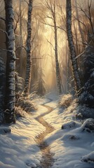 Poster - Snowy trail winding through a serene forest with soft sunlight filtering through the trees
