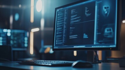Intricate Computer Screen Displaying Code in a Dark Office Environment
