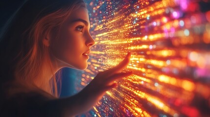 Wall Mural - Woman interacting with futuristic digital display.