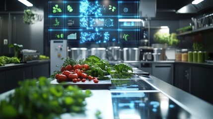 Wall Mural - A vibrant kitchenlike setup for food production where fresh ingredients are being processed in small batches highlighting the importance of local sourcing.