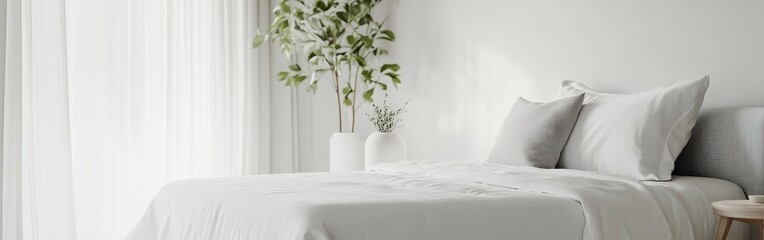 Aufkleber - Minimalist bedroom with soft gray tones and natural elements creating a serene atmosphere for relaxation and rest