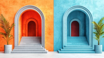 Wall Mural - Vibrant Archways: A captivating image showcasing two contrasting archways, one in bold orange and the other in serene blue, each leading to a staircase.  Tropical plants flank the scene.