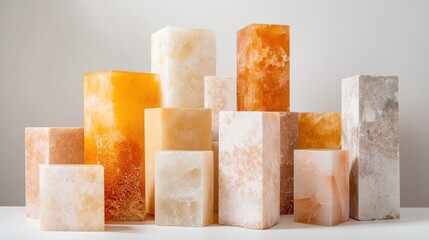 Aufkleber - Elegant arrangement of pastel amber and coral blocks in a minimalist display setting